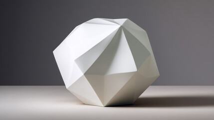 A striking white geometric paper sculpture of origami art reflects light, showcasing a modern and minimalist design against a muted gray background carefully crafted.