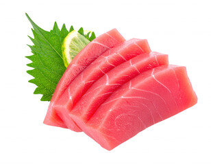 Fresh Tuna Sashimi Slices with Green Leaf and Lemon Slice, Japanese Cuisine Culinary Delight