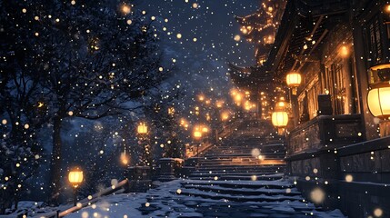 Golden Light in a Winter Village Night Captures the Enchantment of a Seasonal Scene