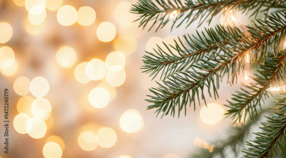 Poster close-up of a pine branch adorned with warm-toned fairy lights, set against a bokeh background of go