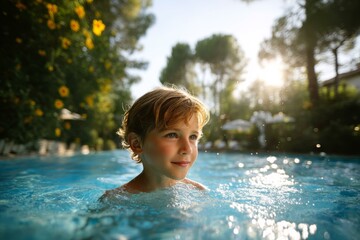 Fototapeta premium Smiling Child Swimming in Pool with Trees and Sun