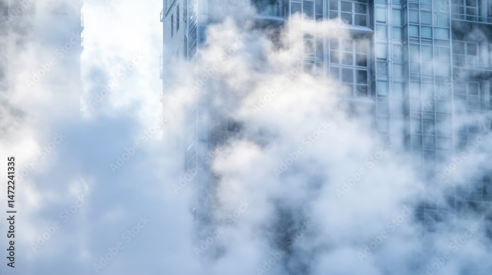 Fototapete Modern city building partially obscured by a thick, ethereal fog, creating a mysterious and atmospheric scene. : Generative AI