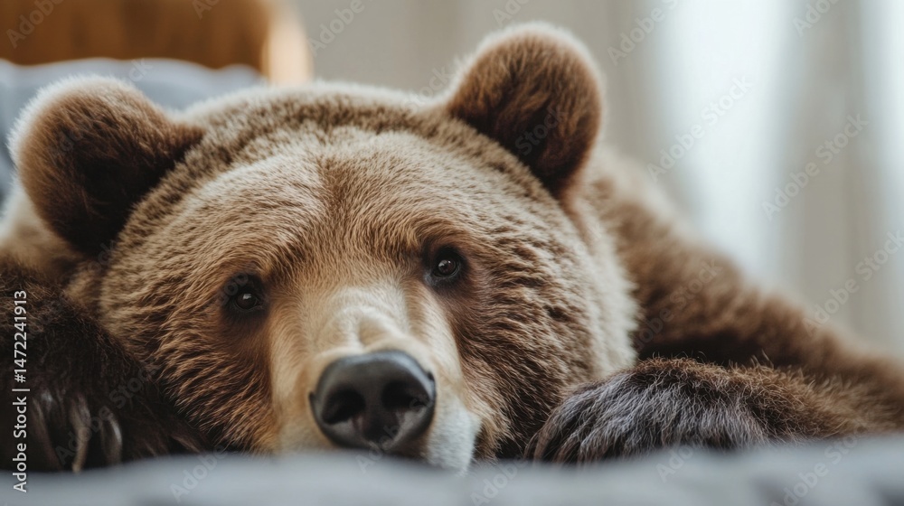 Poster Close-up portrait of a brown bear resting its head on a soft surface, showing its fur texture and calm expression. : Generative AI