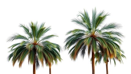 Isolated tropical palm tree with green leaves stands tall against a white sky, evoking a summer beach paradise