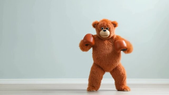 Funboxing bear character training with boxing gloves indoors in a minimalistic setting