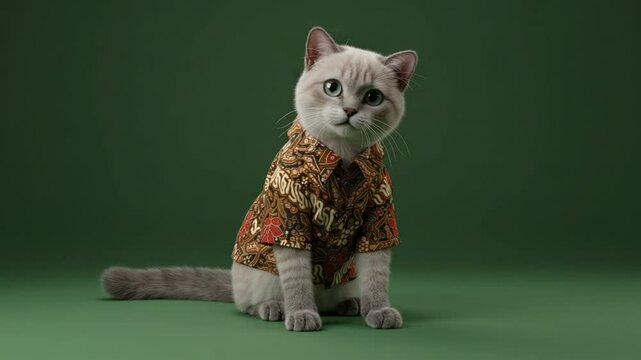Domestic cat wearing patterned shirt sitting against green backdrop