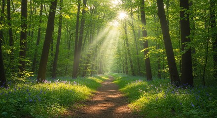 Fototapeta premium Forest path sunlight trees woodland nature