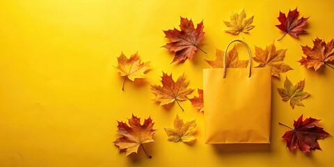 Autumnal shopping bag surrounded by vibrant fall leaves on a yellow background
