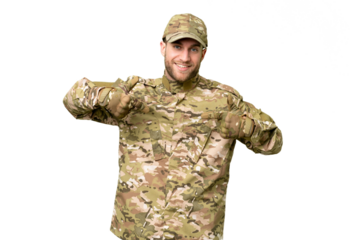 Military man over isolated chroma key background proud and self-satisfied