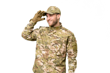 Military man over isolated chroma key background has realized something and intending the solution