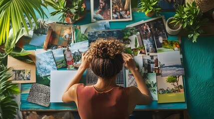 Woman creating a vision board with inspirational photos and quotes for a fresh start