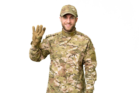 Military man over isolated chroma key background happy and counting four with fingers