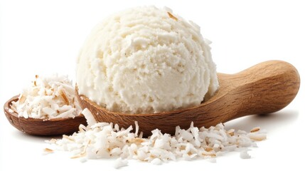 Fototapeta premium A 3D model of a coconut ice cream scoop with shredded coconut topping, isolated on a white background