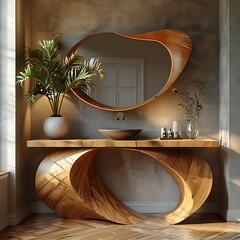 Unique Oval Mirror with Wood Sink Console for Modern Bathroom Interior Design
