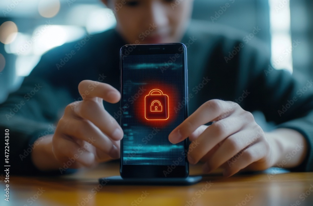 Fototapete Person using smartphone with glowing padlock security icon displayed on screen, indicating online privacy and data protection. : Generative AI