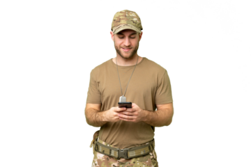 Military with dog tag over isolated chroma key background sending a message with the mobile