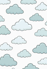 Black Line Cartoon Cloud Pattern with Blue and White Shades, Set on Pastel Gray Paper for Scrapbooking, Kids' Art, or Coloring Projects
