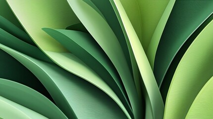 Abstract image of overlapping green leaves, varying in shades from lime to emerald, elongated and smooth, with symmetrical shapes and organic curves, enhanced by soft natural lighting.