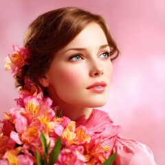 Fototapeta premium Beautiful Woman with Floral Headpiece in Pink Background