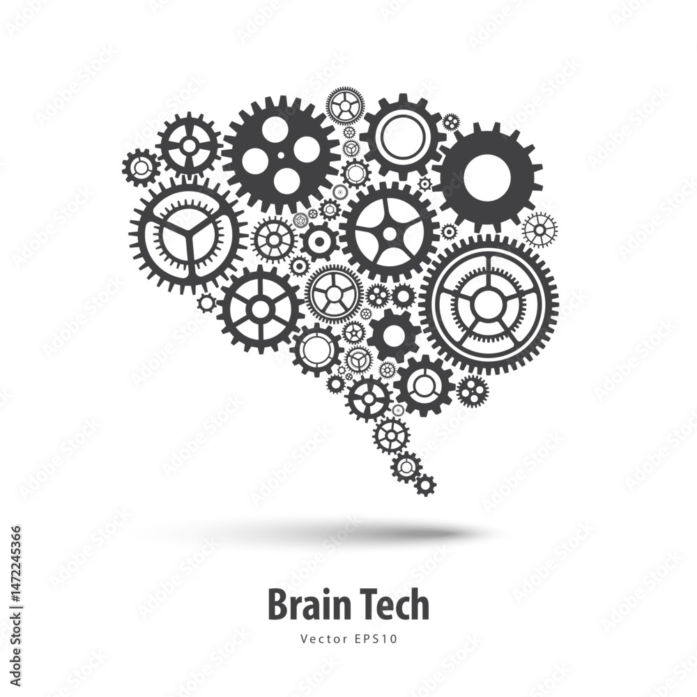 Aufkleber Concept of Engineer and Innovation. Brain Tech. Gears and cogs brain symbol. Human and Artificial Intelligence. Innovations powered by machine learning and Deep learning. Vector illustration.
