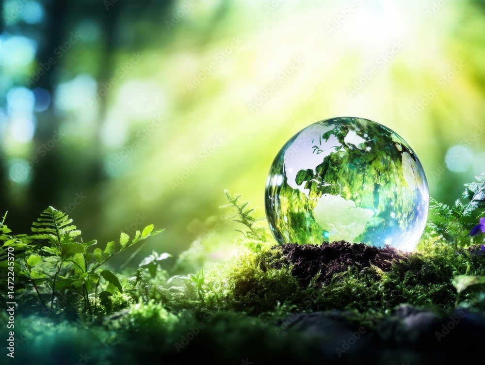 Poster glass globe depicting earth nestled in lush green moss, symbolizing environmental conservation and t