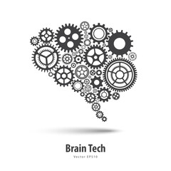 Concept of Engineer and Innovation. Brain Tech. Gears and cogs brain symbol. Human and Artificial Intelligence. Innovations powered by machine learning and Deep learning. Vector illustration.