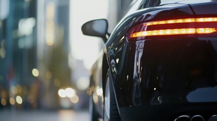 Naklejka premium Closeup of a black luxury car's taillight, parked on a city street at dusk, with blurred city buildings and lights in the background. : Generative AI