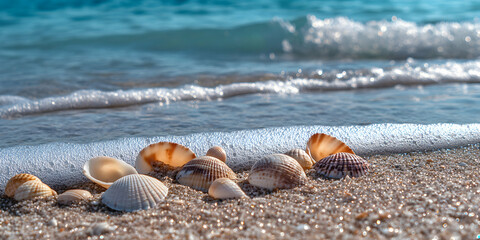 Close-Up of Colorful Seashells on Serene Sandy Beach Shoreline