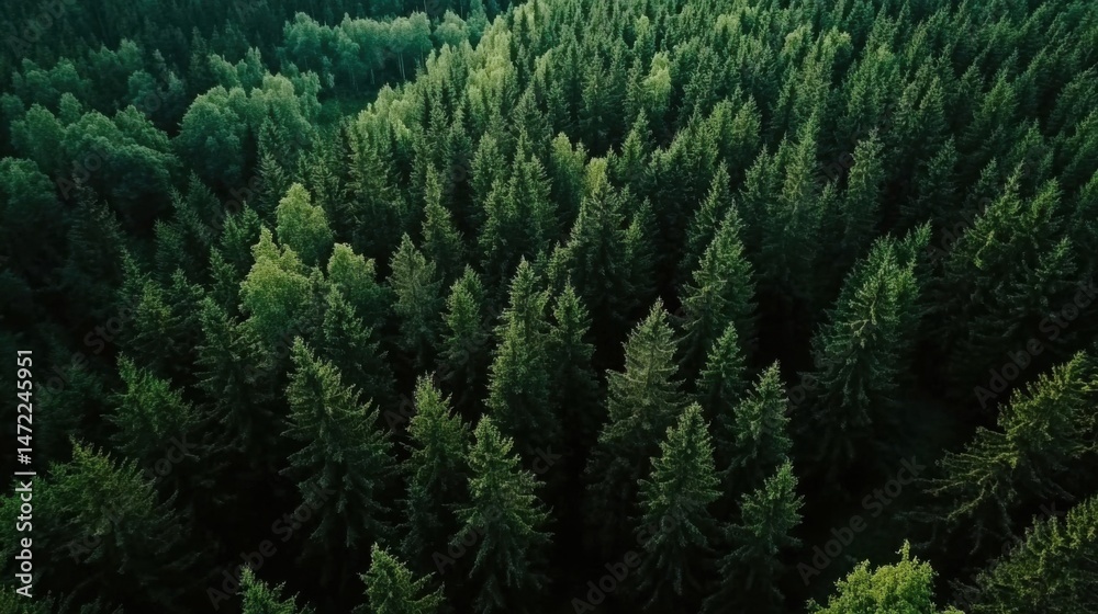 Poster Aerial view of a dense evergreen forest, showcasing a lush canopy of dark green pine trees extending to the horizon. : Generative AI
