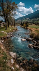 Serene mountain river flows gently through a picturesque valley, passing by trees and a village under a bright, partly cloudy sky. : Generative AI