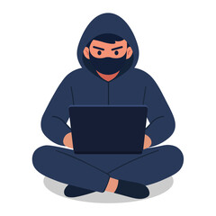 Flat Vector Illustration of a Hacker in Hoodie with Laptop