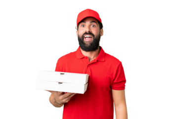Pizza delivery man with work uniform picking up pizza boxes over isolated chroma key background with surprise facial expression