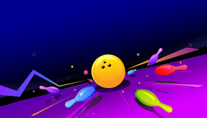 Abstract bowling background with glowing colors neon lights design. 
