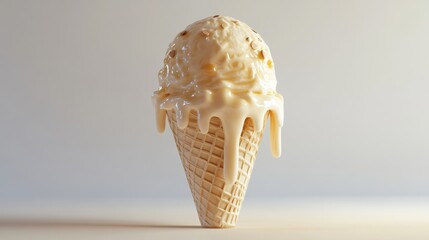 A 3D depiction of a sweet honey and almond gradient ice cream cone, on a white background 