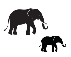 Silhouette of Two Elephants Walking Side by Side Isolated on White Background