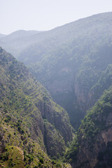 Naklejka premium Lush green mountain range with fog rolling through valleys. Scenic landscape view.