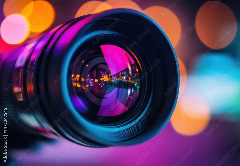 Poster close-up view of a professional camera lens reflecting a vibrant cityscape at night, illuminated by 