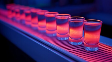 Neon Cocktail Conveyor: A captivating shot of a vibrant, neon-lit cocktail lineup on a conveyor belt. The image conveys a sense of dynamism and refreshment.