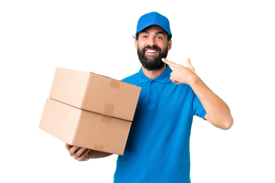 Delivery caucasian man over isolated chroma key background giving a thumbs up gesture
