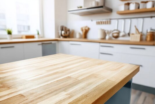 Light wood kitchen counter top with blurred modern kitchen background.  Perfect for showcasing products or recipes. : Generative AI
