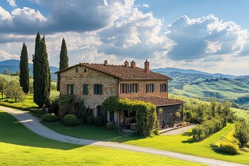 Fototapeta premium Tuscan Villa Serenity: Stone House Amidst Rolling Hills and Cypress Trees 
