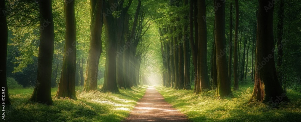 Poster Sunlit path through a majestic avenue of tall trees, creating a serene and mystical atmosphere in a lush green forest. : Generative AI