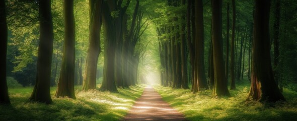 Obraz premium Sunlit path through a majestic avenue of tall trees, creating a serene and mystical atmosphere in a lush green forest. : Generative AI
