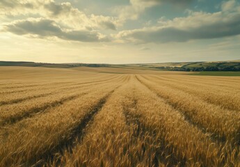 Golden wheat field stretches to the horizon under a partly cloudy sky, showcasing the beauty of rural landscape at sunset. : Generative AI