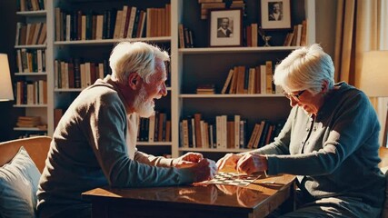 Elderly couple enjoying a card game together in their cozy living room, sharing laughter and creating cherished memories - Powered by Adobe