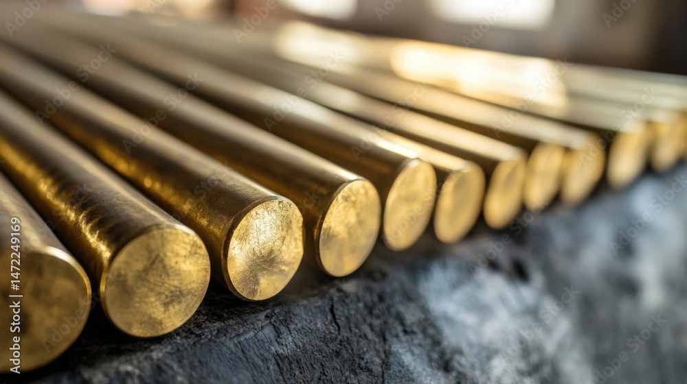 Poster Close-up view of several shiny golden brass rods arranged in parallel, resting on a dark surface, showcasing their cylindrical shape and metallic texture. : Generative AI