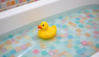 Playful Yellow Rubber Duck Floating in a Colorful Bathtub with Mosaic Tiles in a Bright Bathroom