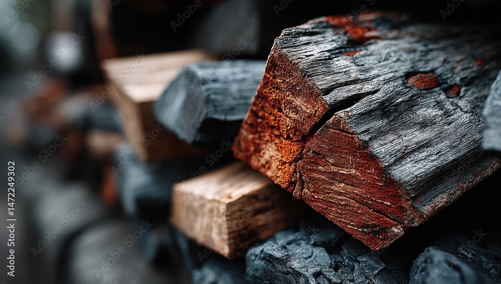 Poster Close-up view of a stack of dark gray charcoal briquettes and reddish-brown wood logs, showing detailed texture and color contrast. : Generative AI