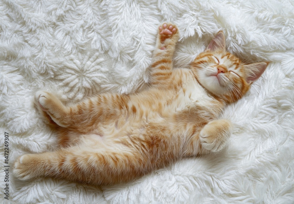 Poster adorable ginger kitten peacefully sleeping on a fluffy white blanket, paws outstretched in a relaxed