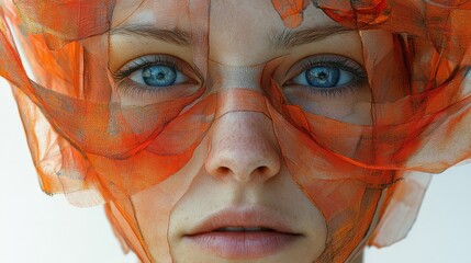 Close-up portrait of a woman with orange fabric.